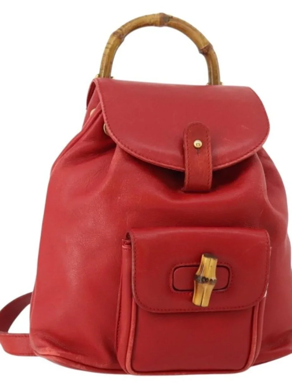 GUCCI Bamboo Backpack Leather Red Gold 003 1705 0030 Auth YKZ946